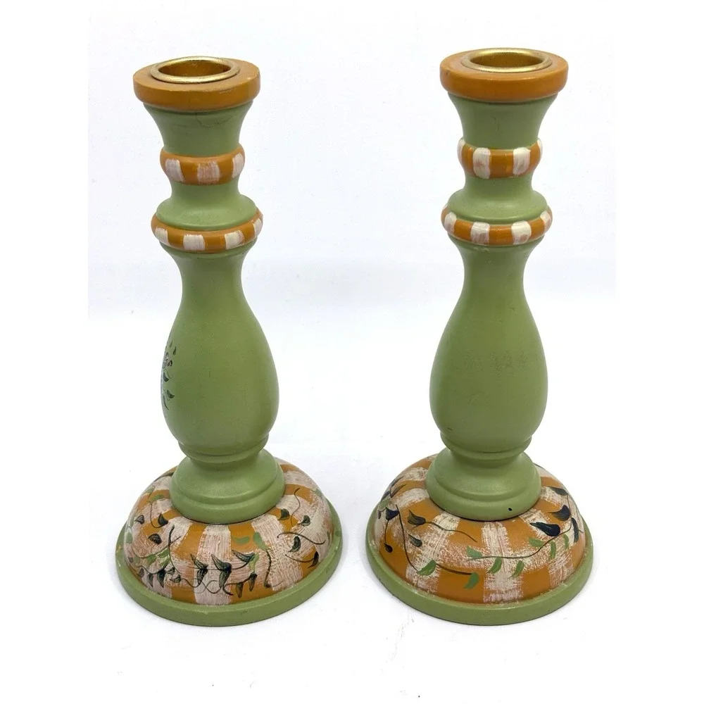 Vtg Green Country Floral Candlestick Holders Jane Keltner